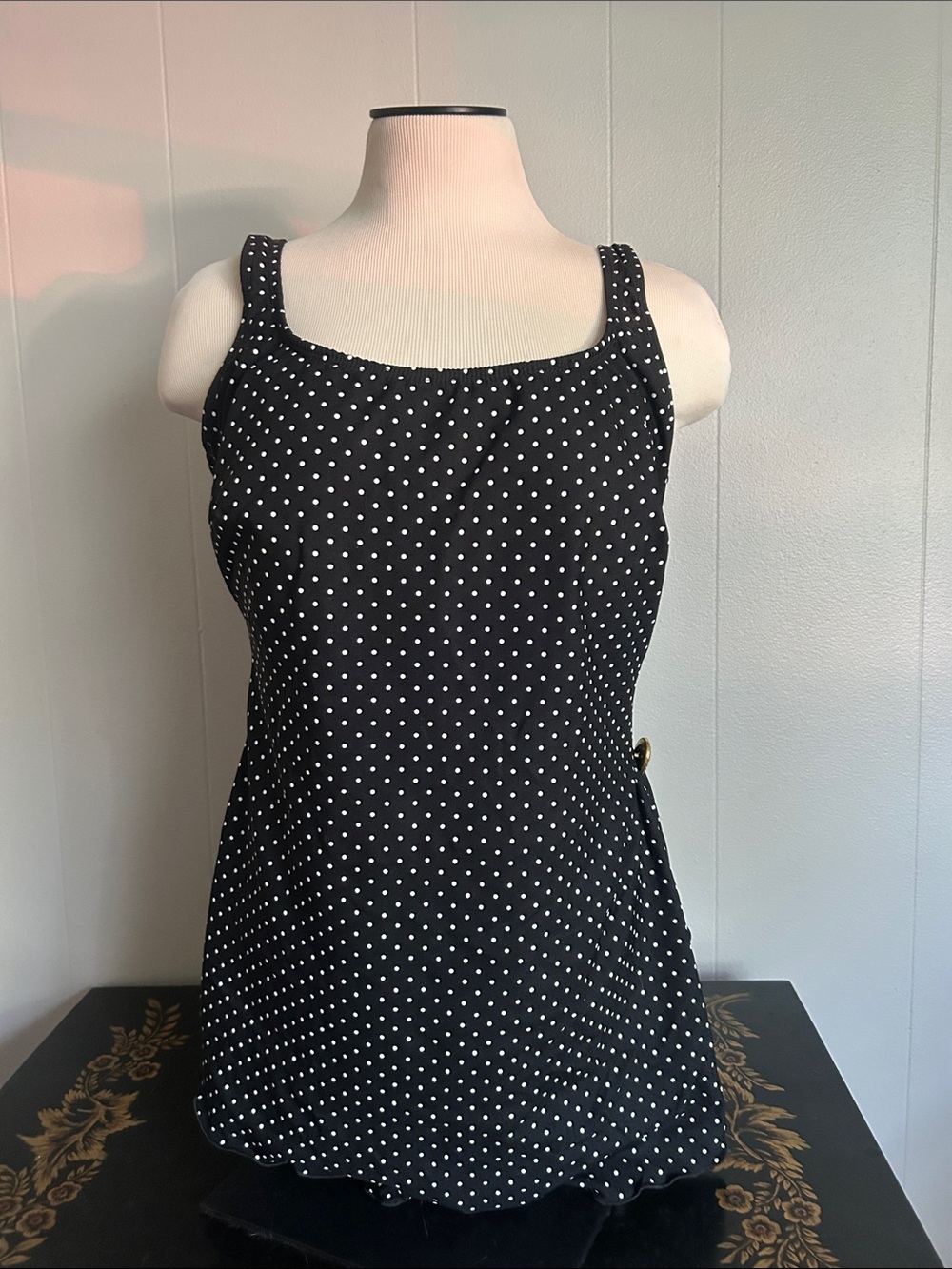 Vintage made in the USA black and white polkadotted one piece swimsuit